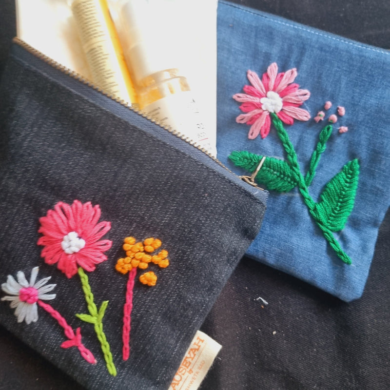 Upcycled Denim Tote Pouch with Hand Embroidery Combo | Verified Sustainable Travel Organiser on Brown Living™