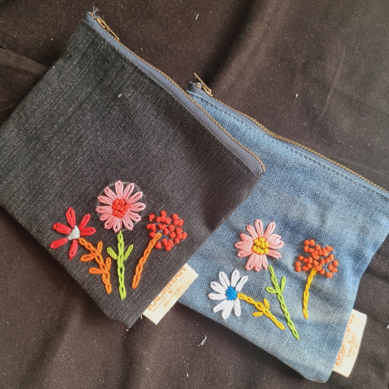 Upcycled Denim Tote Pouch with Hand Embroidery Combo | Verified Sustainable by Brown Living™