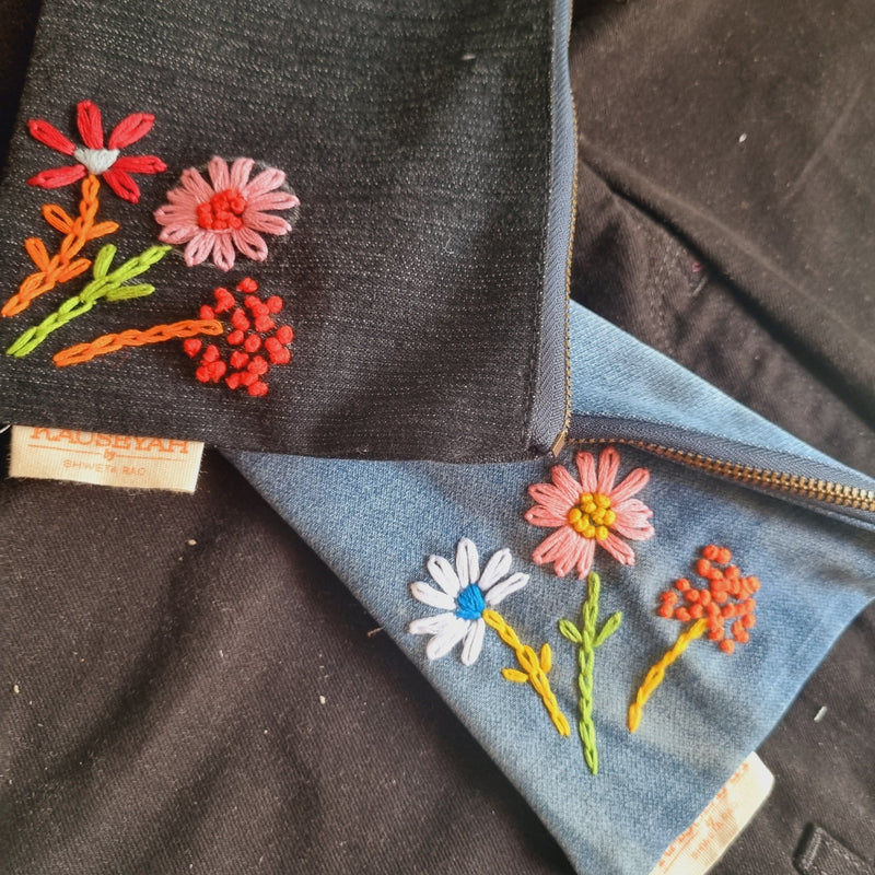 Upcycled Denim Tote Pouch with Hand Embroidery Combo | Verified Sustainable by Brown Living™