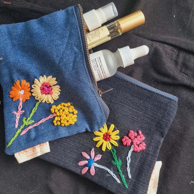 Upcycled Denim Tote Pouch with Hand Embroidery Combo | Verified Sustainable Travel Organiser on Brown Living™