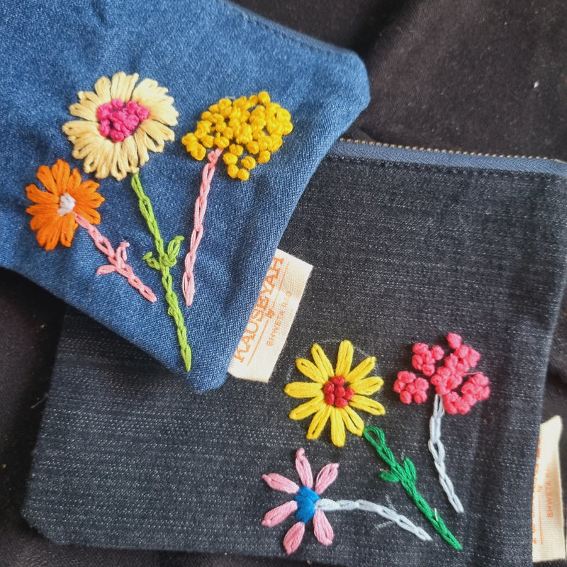 Upcycled Denim Tote Pouch with Hand Embroidery Combo | Verified Sustainable by Brown Living™