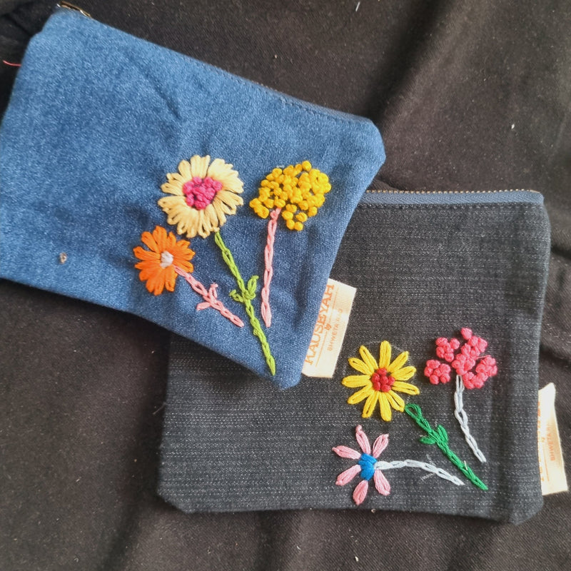 Upcycled Denim Tote Pouch with Hand Embroidery Combo | Verified Sustainable by Brown Living™