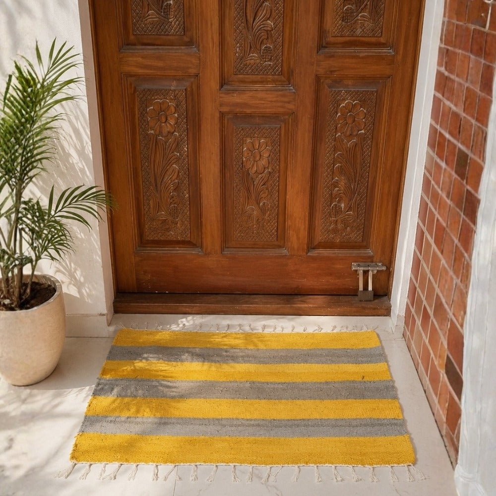 Upcycled Marine Textile Doormat | Reclaimed Fabric Home Mat – Mats & Rugs on Brown Living™. SKU: DOORMATYLW. Img 2.