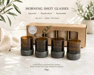 Upcycled Shot Glasses Set of 4 (120ml) | Eco Friendly Drinking Glasses – Glasses & Tumblers on Brown Living™. SKU: MSG01. Img 1.