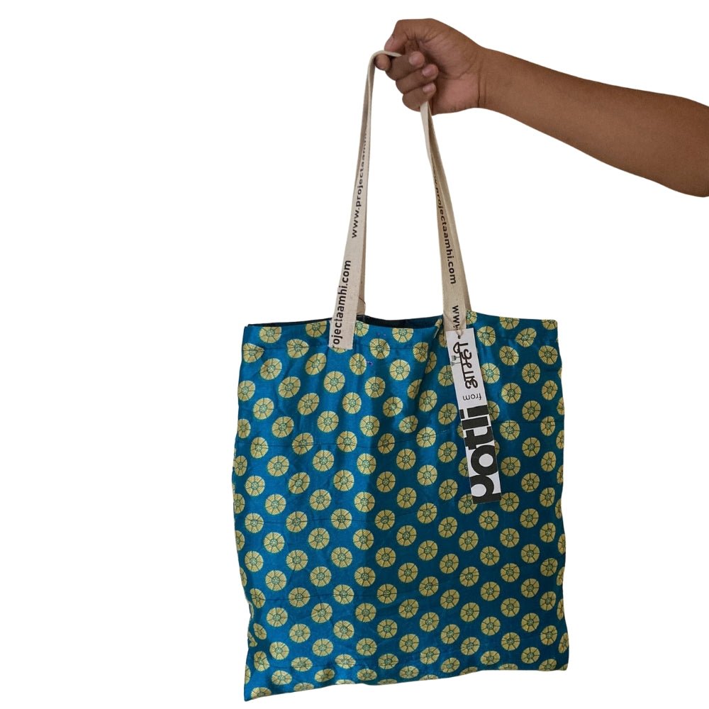 Upcycled Tote Bag Sustainable Reusable Carry Bag – Tote Bag on Brown Living™. SKU: ASWMTIFBLU. Img 12.