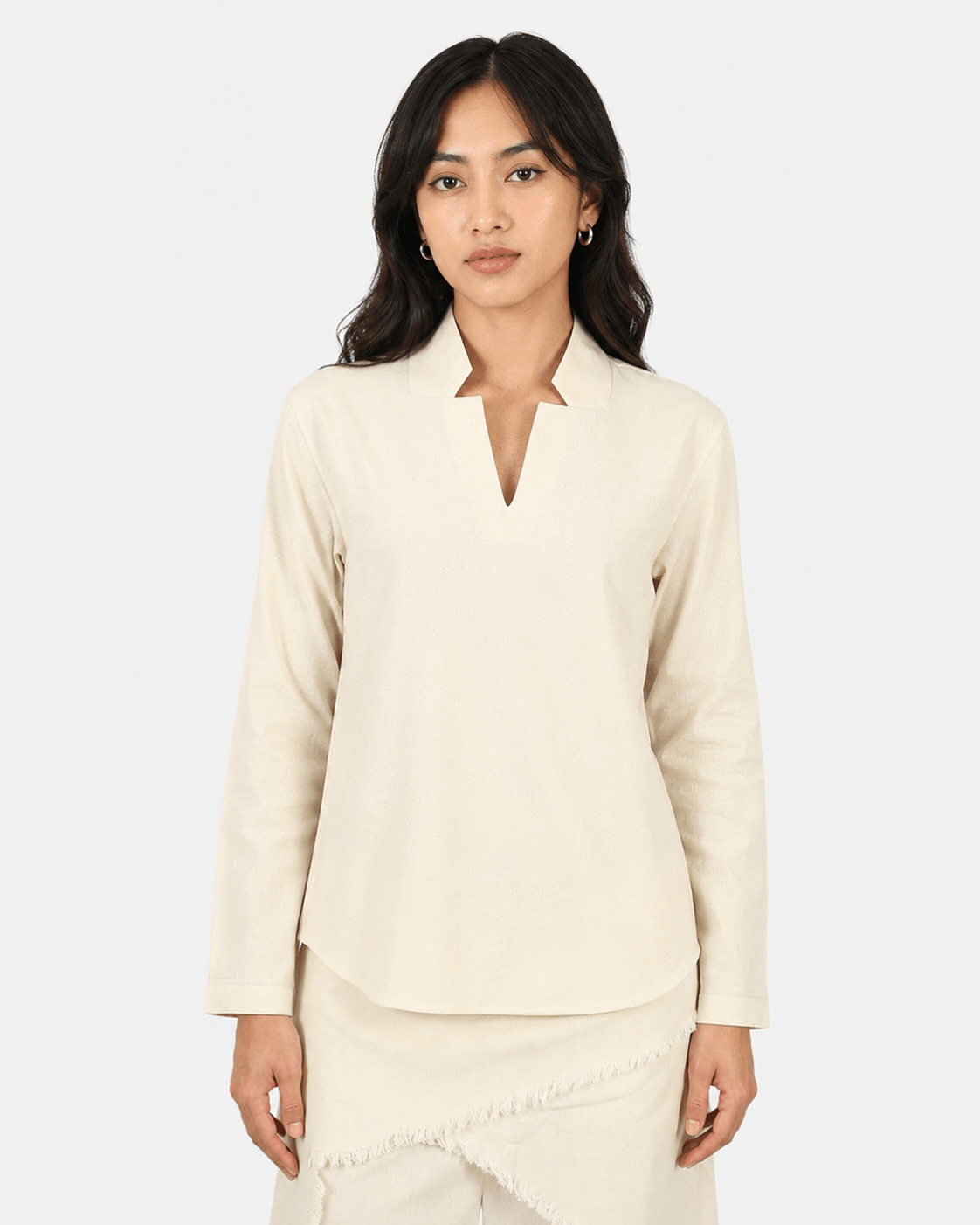 V-Notch Collar Pullover Shirt – Minimal Modern Everyday Essential Top – Womens Shirt on Brown Living™. SKU: ACB2026011. Img 4.