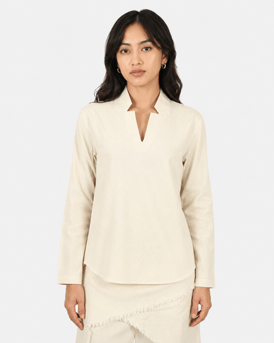 V-Notch Collar Pullover Shirt – Minimal Modern Everyday Essential Top – Womens Shirt on Brown Living™. SKU: ACB2026011. Img 4.