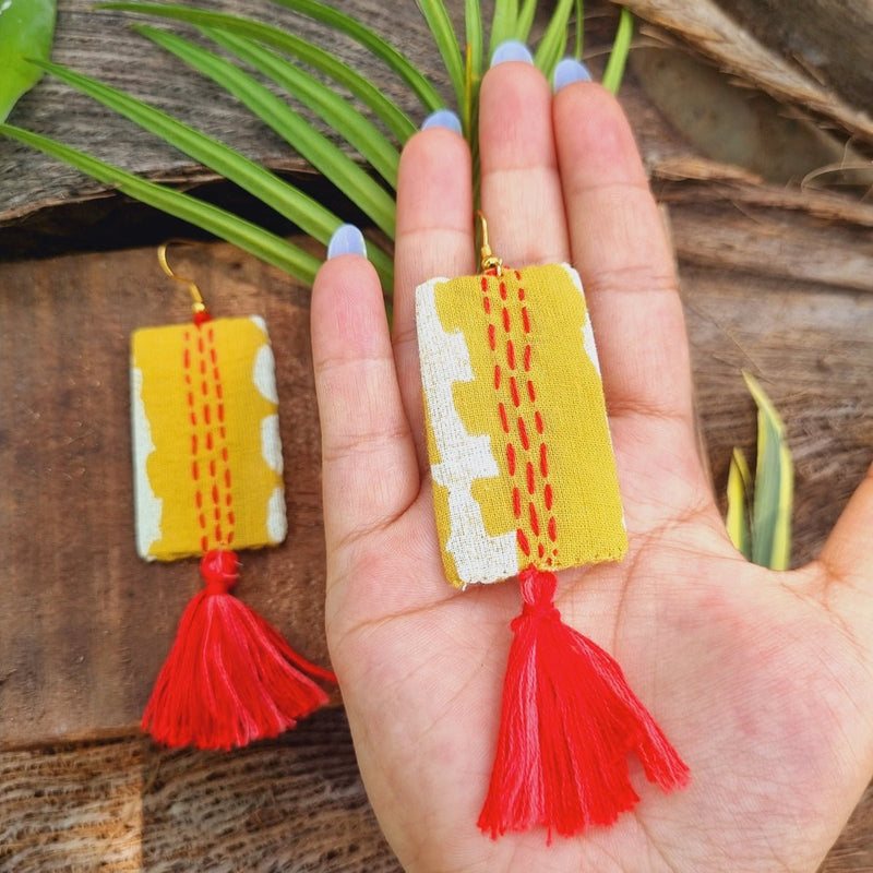 Vaishak Upcycled Textile Earring - Yellow | Verified Sustainable by Brown Living™