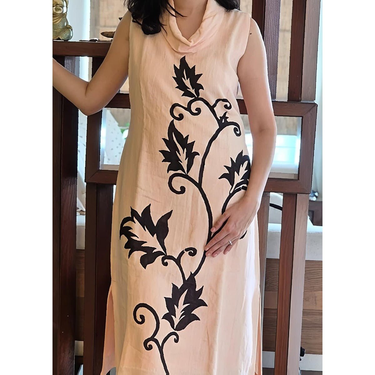 Vanya Peach Cowl Neck Dress With Applique Work – Womens Dress on Brown Living™. SKU: HD1013. Img 4.