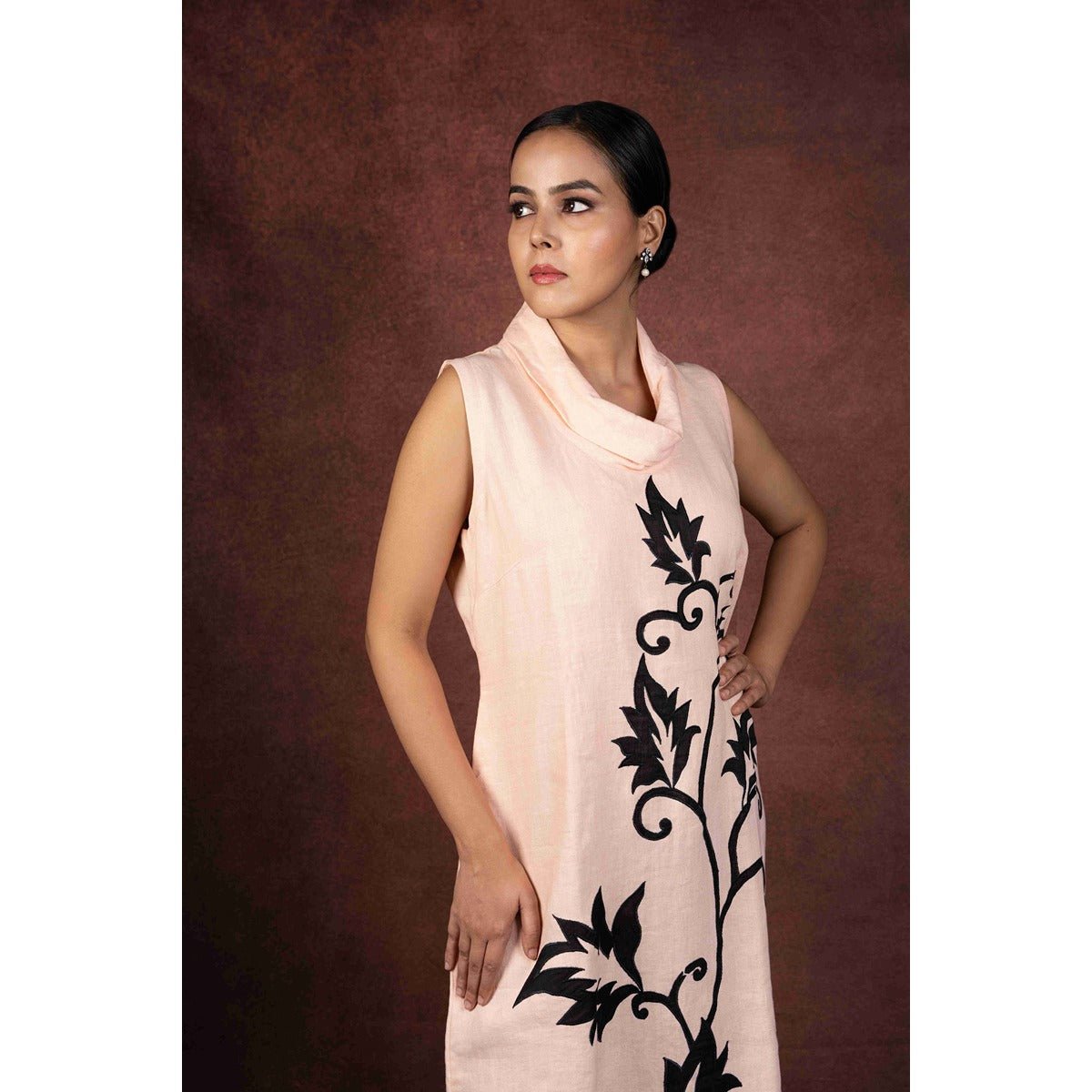 Vanya Peach Cowl Neck Dress With Applique Work – Womens Dress on Brown Living™. SKU: HD1013. Img 2.