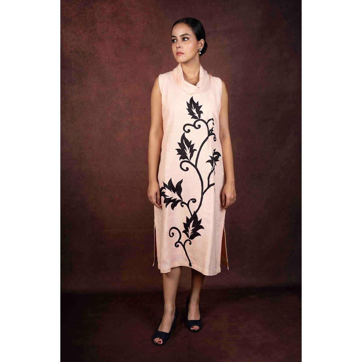 Vanya Peach Cowl Neck Dress With Applique Work – Womens Dress on Brown Living™. SKU: HD1013. Img 1.