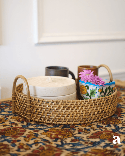 Vayan Cane Round Tray With Handle | Handwoven Natural Cane Tray – Trays & Platters on Brown Living™. SKU: 709R. Img 1.