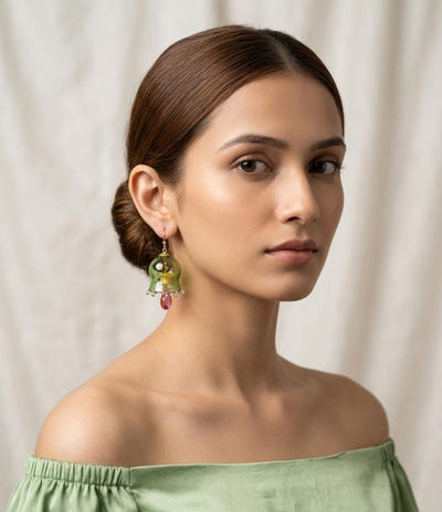 Verdant Bloom Green Glass Jhumka | Handcrafted Floral Earrings – Womens Earrings on Brown Living™. SKU: SAR1013. Img 3.