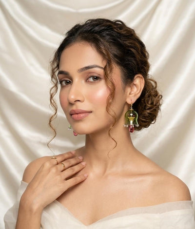 Verdant Bloom Green Glass Jhumka | Handcrafted Floral Earrings – Womens Earrings on Brown Living™. SKU: SAR1013. Img 2.