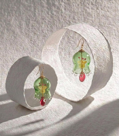 Verdant Bloom Green Glass Jhumka | Handcrafted Floral Earrings – Womens Earrings on Brown Living™. SKU: SAR1013. Img 1.