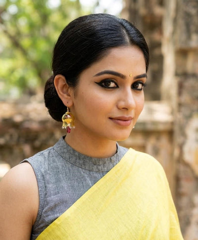 Verdant Bloom Yellow Glass Jhumka | Handcrafted Floral Earrings – Womens Earrings on Brown Living™. SKU: SAR1014. Img 1.