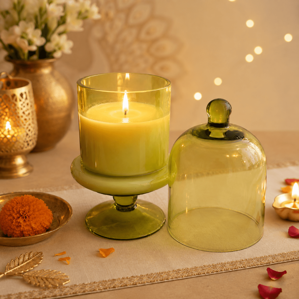 Verdant Glow Green Glass Jar Candle | Oudh Soy Wax Candle – Candles & Fragrances on Brown Living™. SKU: D-407. Img 1.