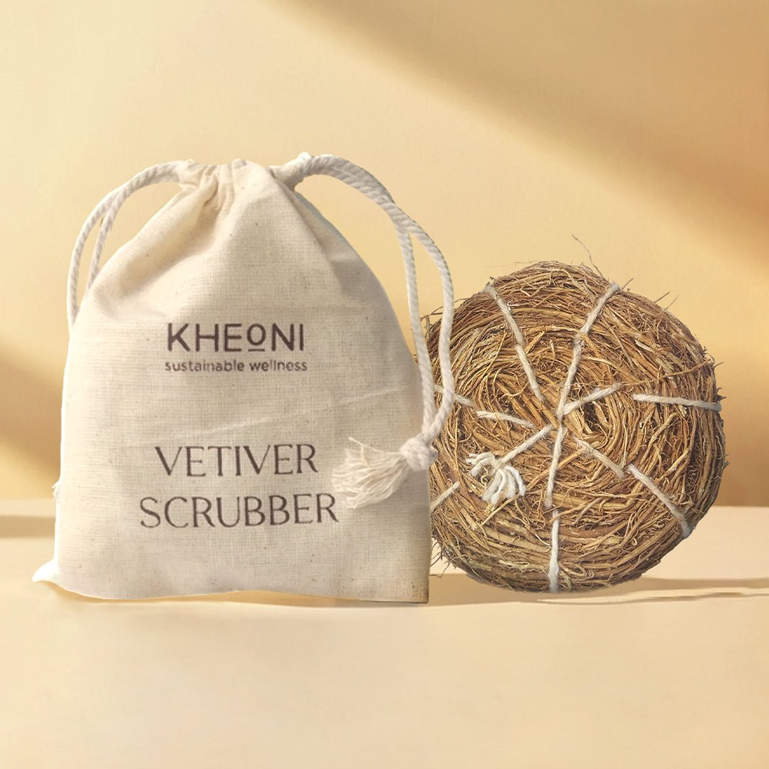 Vetiver Body Scrubber with Cotton Storage Bag – Body Scrub by Kheoni available on Brown Living™. . SKU: KHVS - 001. Img 1.
