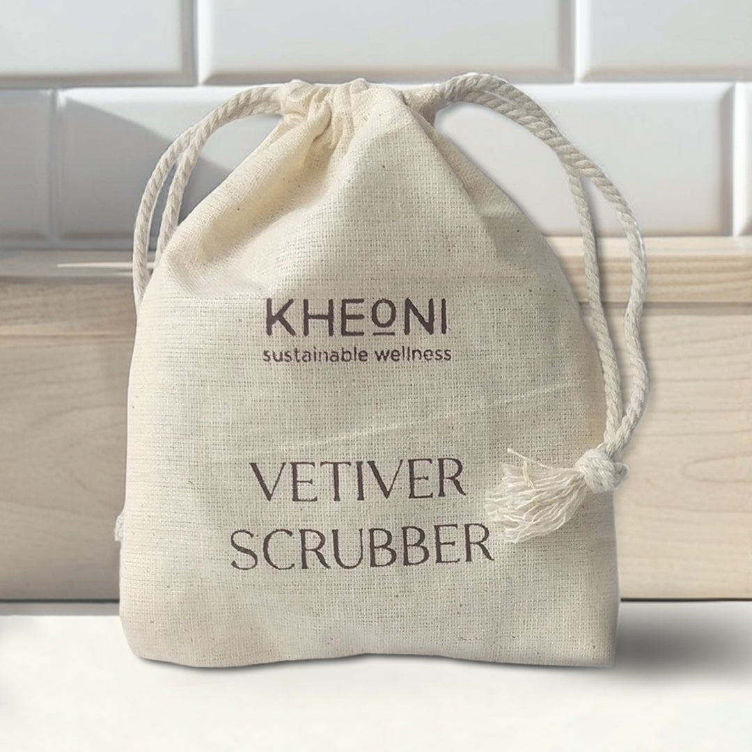 Vetiver Body Scrubber with Cotton Storage Bag – Body Scrub by Kheoni available on Brown Living™. . SKU: KHVS - 001. Img 2.