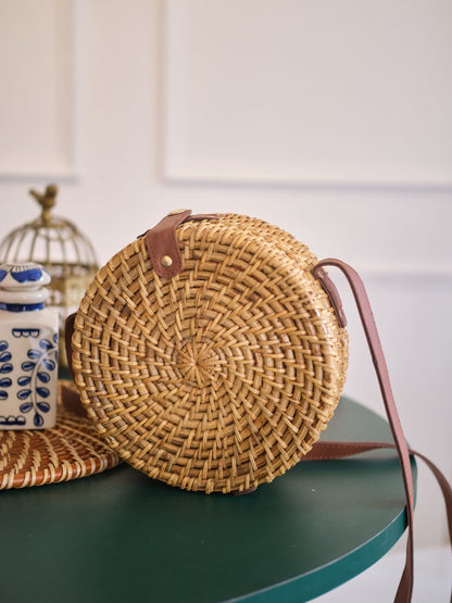 Vetra Rattan Sling Bag | Handcrafted Cane & Vegan Leather Bag – Sling Bag on Brown Living™. SKU: 451RD. Img 2.