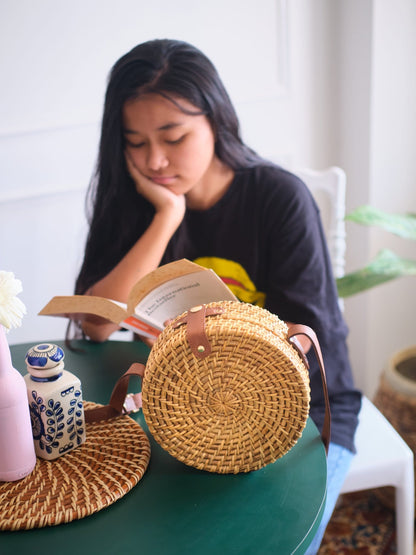 Vetra Rattan Sling Bag | Handcrafted Cane & Vegan Leather Bag – Sling Bag on Brown Living™. SKU: 451RD. Img 1.