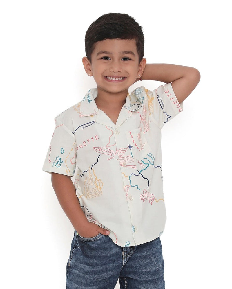 Voyager Trails Printed Cotton Shirt with Cuban Collar and Embroidery | Verified Sustainable Kids Shirts on Brown Living™