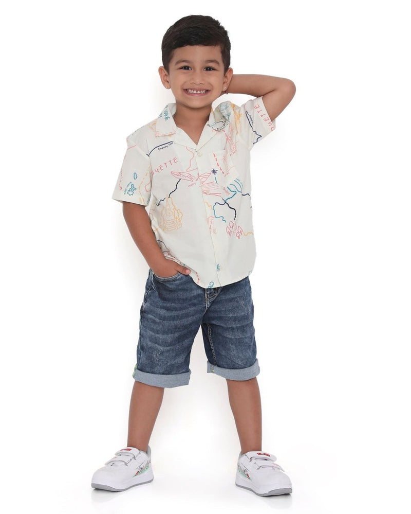 Voyager Trails Printed Cotton Shirt with Cuban Collar and Embroidery | Verified Sustainable Kids Shirts on Brown Living™