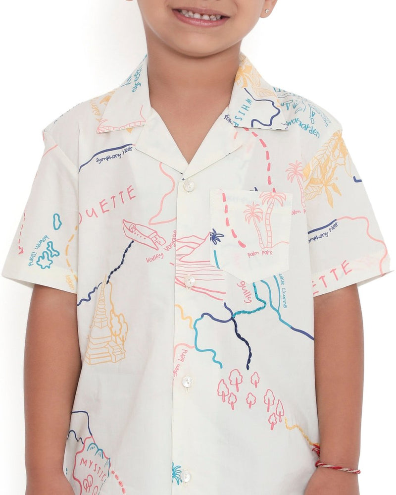 Voyager Trails Printed Cotton Shirt with Cuban Collar and Embroidery | Verified Sustainable Kids Shirts on Brown Living™