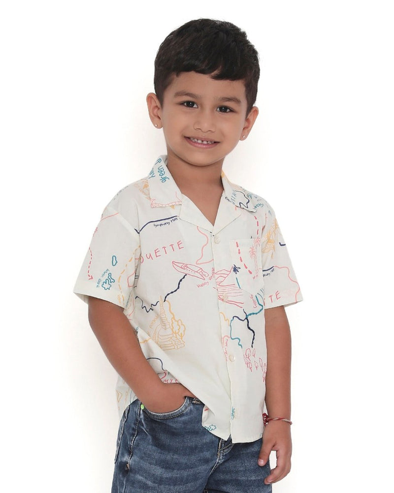 Voyager Trails Printed Cotton Shirt with Cuban Collar and Embroidery | Verified Sustainable Kids Shirts on Brown Living™