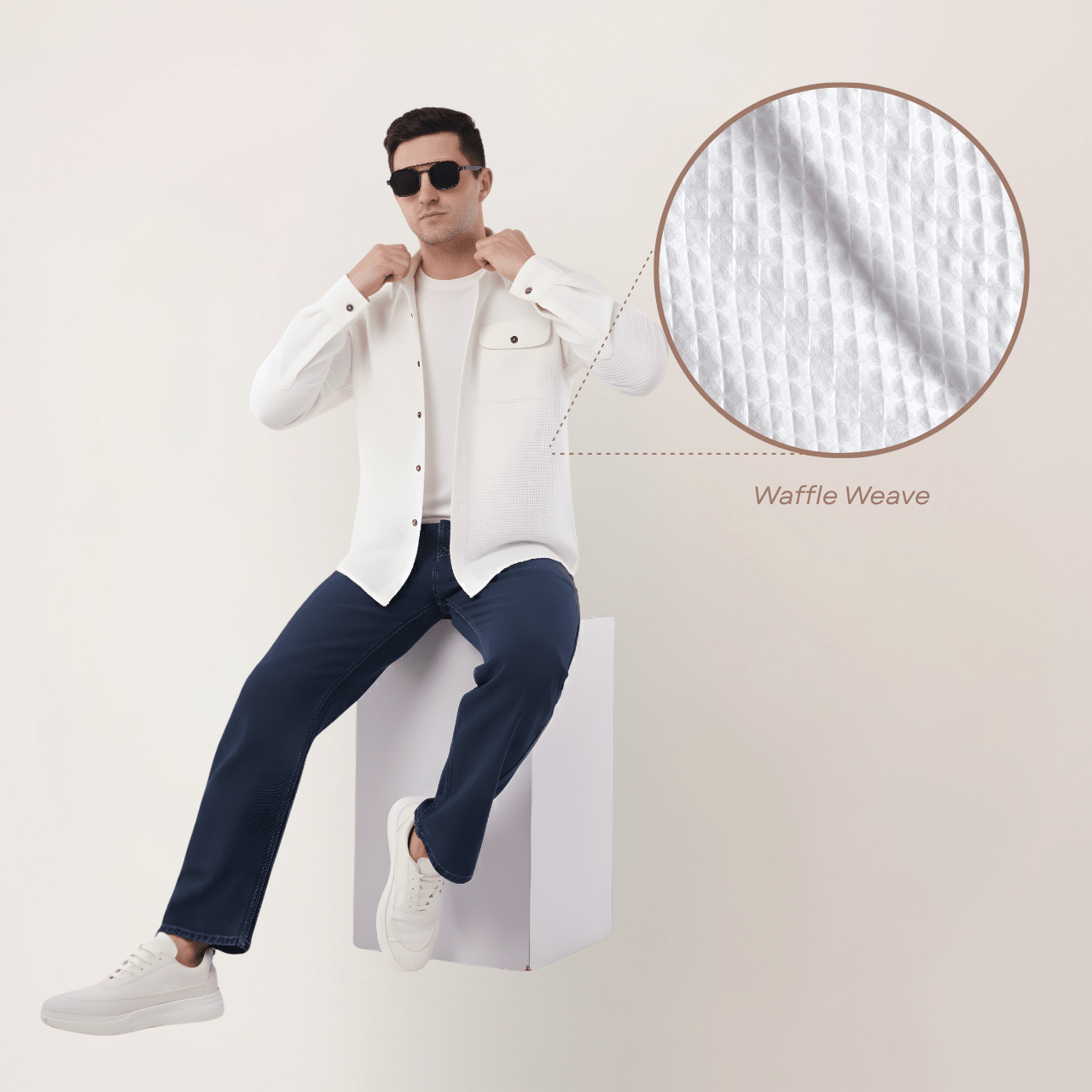 Waffle Vanilla | Hemp Cotton Sustainable Shacket | Men – Men Shirt on Brown Living™. SKU: WaffleVanillaShacket-S. Img 2.