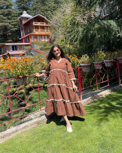 Walnut Brown Handloom Cotton Tiered Maxi Dress | Bohemian Style – Womens Dress on Brown Living™. SKU: TCC - SW25 - 01 - XS. Img 2.