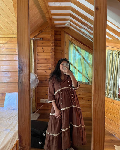 Walnut Brown Handloom Cotton Tiered Maxi Dress | Bohemian Style – Womens Dress on Brown Living™. SKU: TCC - SW25 - 01 - XS. Img 3.