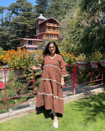 Walnut Brown Handloom Cotton Tiered Maxi Dress | Bohemian Style – Womens Dress on Brown Living™. SKU: TCC - SW25 - 01 - XS. Img 1.