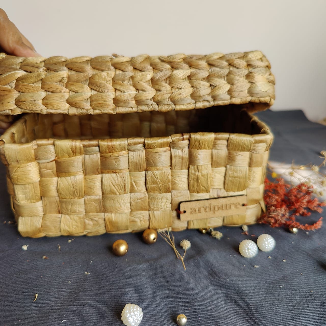 Water Hyacinth Mini Gift Box | Handwoven Eco Friendly Storage Box – Baskets & Boxes on Brown Living™. SKU: 304W. Img 2.