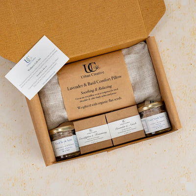 Wellness Gift Set – Eye Pillow, Foot Soak & Steamers – Gift on Brown Living™. SKU: WGS-LP-2FS-2SS. Img 2.