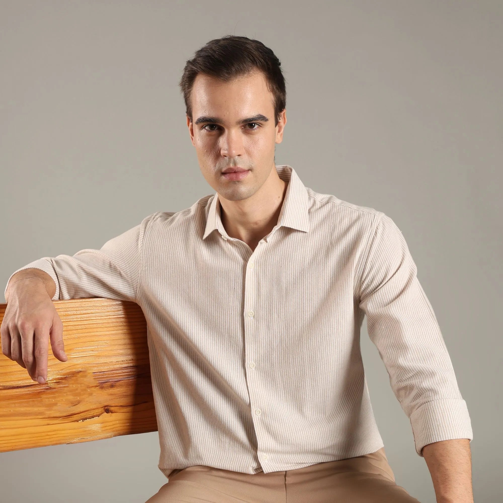 Wheat Stripe Organic Cotton Full Sleeve Men’s Shirt – Mens Shirt on Brown Living™. SKU: CS-BG-F-S. Img 1.