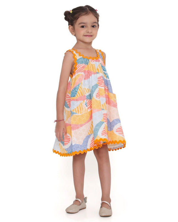 Whimsy Hills Printed Cotton Flare Dress with Schiffli Embroidery | Verified Sustainable Kids Frocks & Dresses on Brown Living™