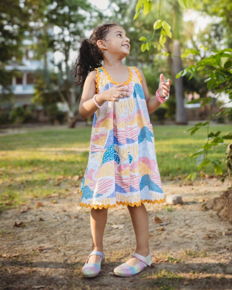 Whimsy Hills Printed Cotton Flare Dress with Schiffli Embroidery | Verified Sustainable Kids Frocks & Dresses on Brown Living™