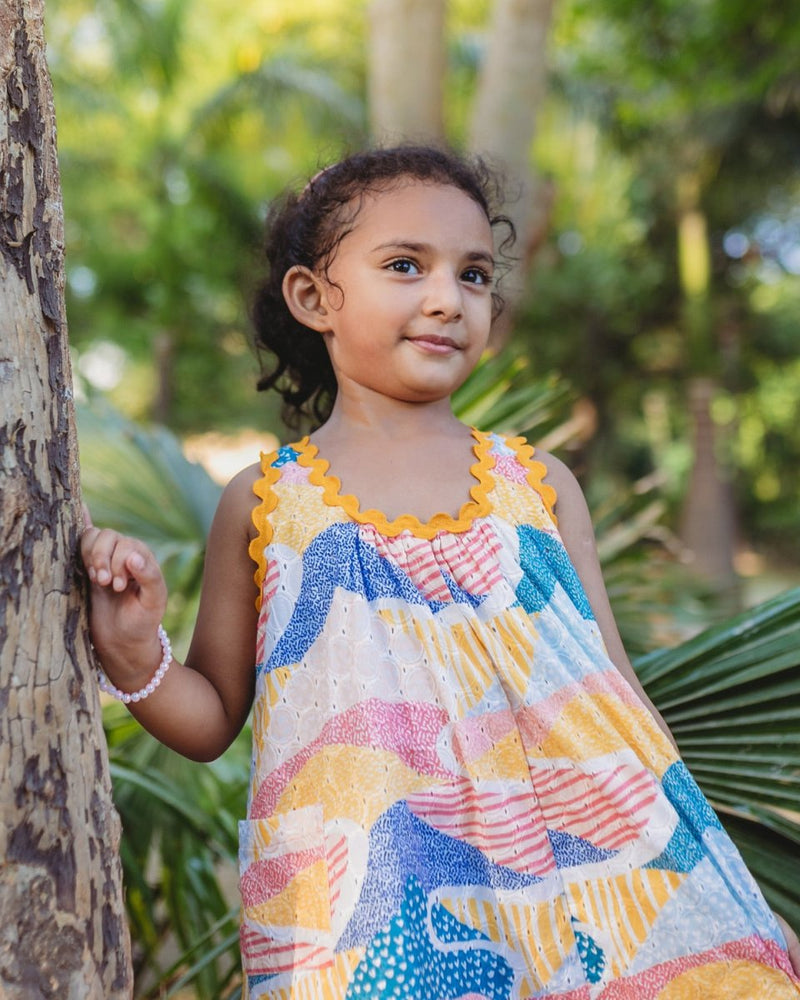 Whimsy Hills Printed Cotton Flare Dress with Schiffli Embroidery | Verified Sustainable Kids Frocks & Dresses on Brown Living™