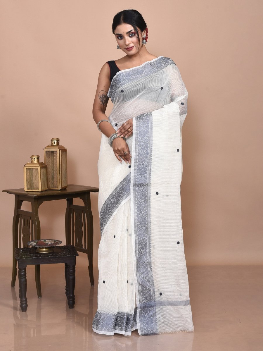 White Banaras Kota with Butta Hand Embroidery – Womens Saree by Stotra available on Brown Living™. . SKU: STRCOTSAR218. Img 1.
