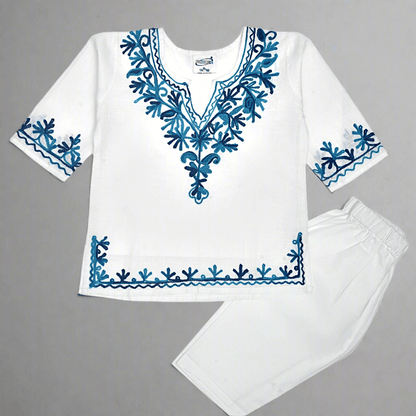 White Cotton Baby Girl Kurta Pajama Set with Kashmiri Ari Embroidery – Kids Ethnic Sets by Stotra available on Brown Living™. Large (6 - 12 M) Blue. SKU: R01. Img 3.