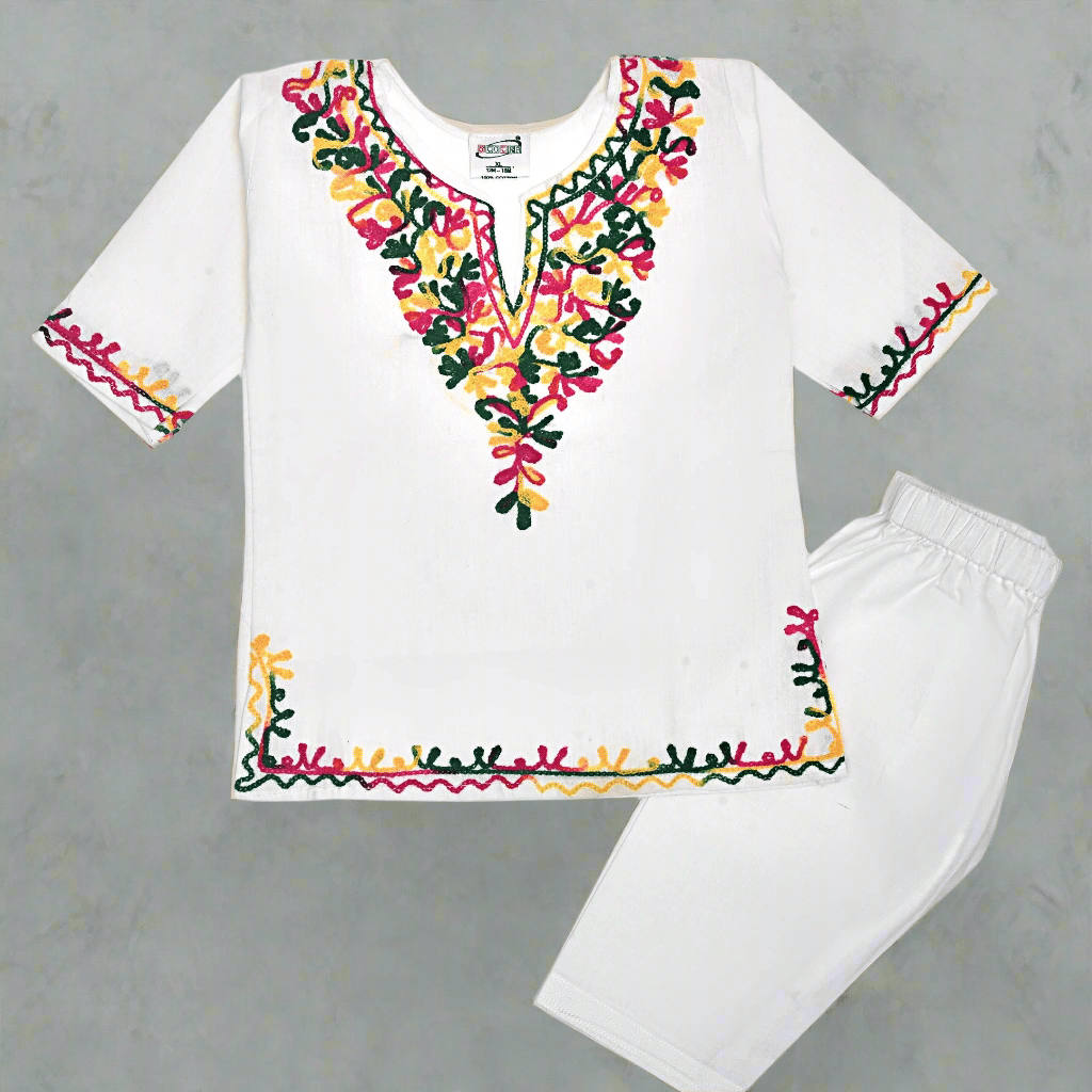 White Cotton Baby Girl Kurta Pajama Set with Kashmiri Ari Embroidery – Kids Ethnic Sets by Stotra available on Brown Living™. Large (6 - 12 M) Multicolor. SKU: S01. Img 2.