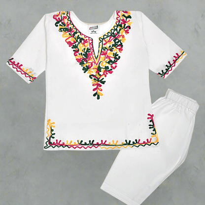 White Cotton Baby Girl Kurta Pajama Set with Kashmiri Ari Embroidery – Kids Ethnic Sets by Stotra available on Brown Living™. Large (6 - 12 M) Multicolor. SKU: S01. Img 2.
