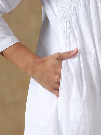 White Cotton Lucknowi Chikankari Kurta - Pant Set – Womens Kurta on Brown Living™. SKU: IHANKPS01SW. Img 2.