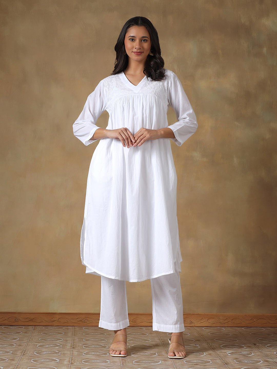 White Cotton Lucknowi Chikankari Kurta - Pant Set – Womens Kurta on Brown Living™. SKU: IHANKPS01SW. Img 7.