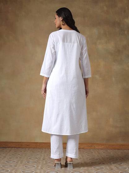 White Cotton Lucknowi Chikankari Kurta - Pant Set – Womens Kurta on Brown Living™. SKU: IHANKPS01SW. Img 6.