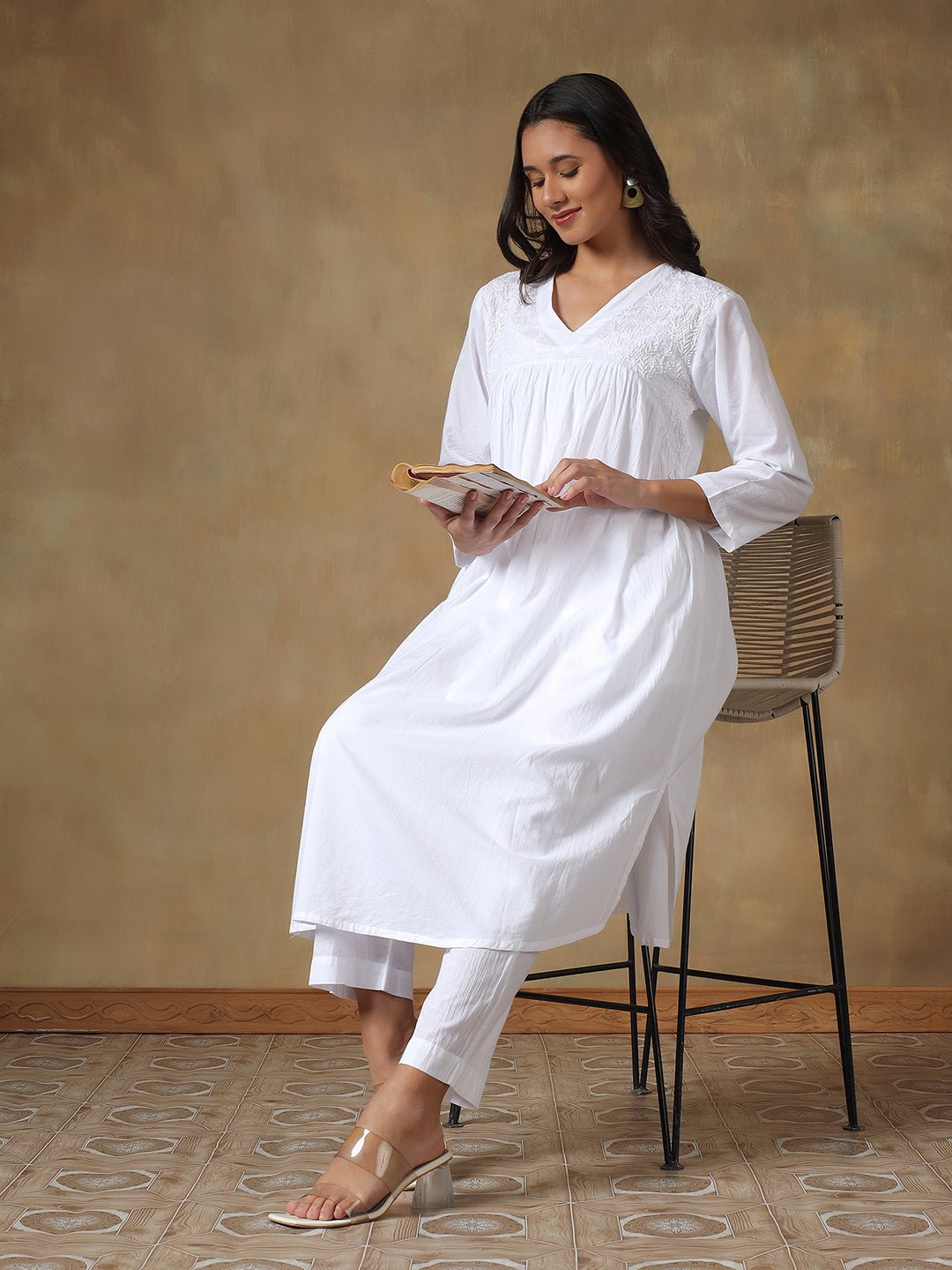 White Cotton Lucknowi Chikankari Kurta - Pant Set – Womens Kurta on Brown Living™. SKU: IHANKPS01SW. Img 1.