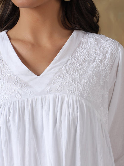 White Cotton Lucknowi Chikankari Kurta - Pant Set – Womens Kurta on Brown Living™. SKU: IHANKPS01SW. Img 3.