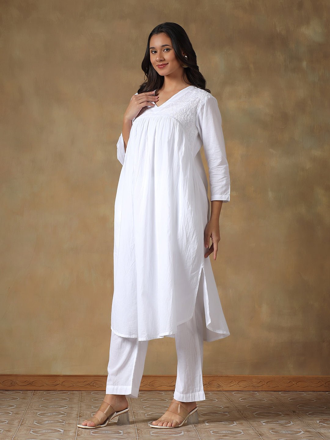 White Cotton Lucknowi Chikankari Kurta - Pant Set – Womens Kurta on Brown Living™. SKU: IHANKPS01SW. Img 5.