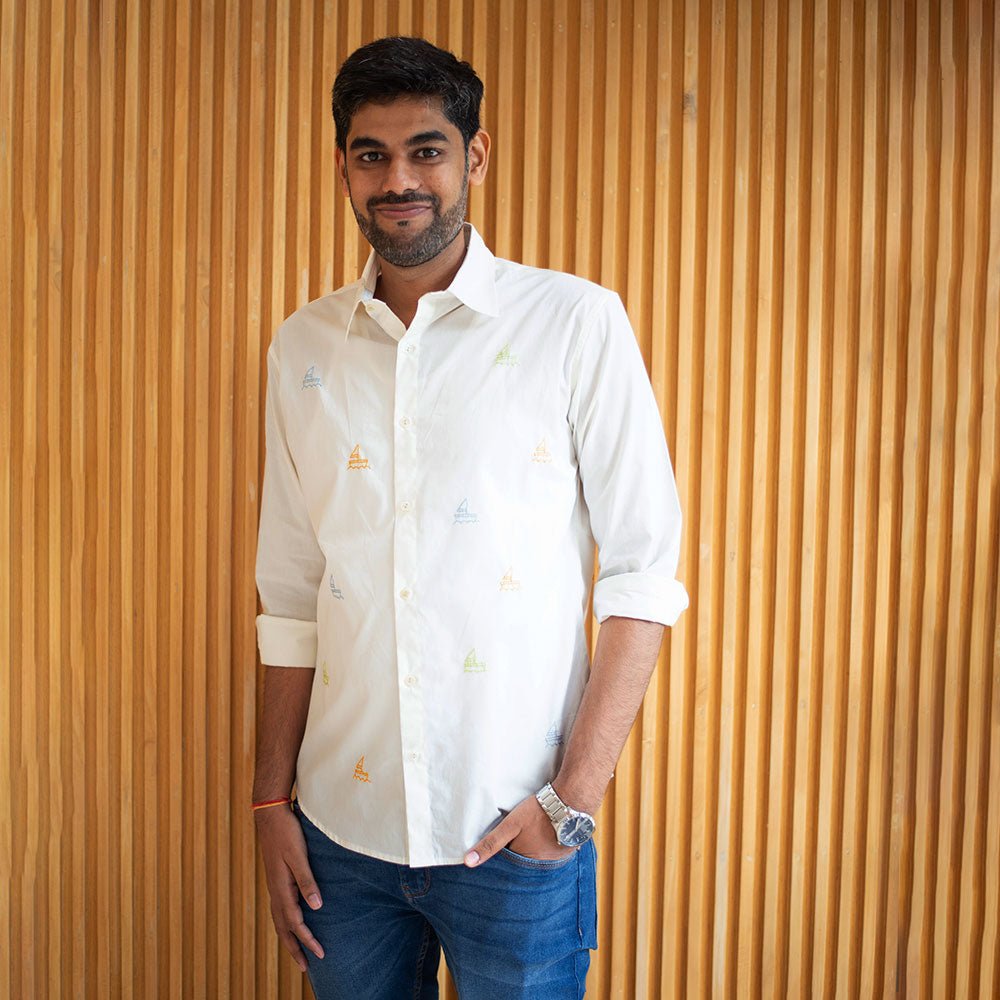 White Cotton Shirt with Mini Sailboats Embroidery – Men Shirt on Brown Living™. SKU: NANMS001EMB053 - S39. Img 1.